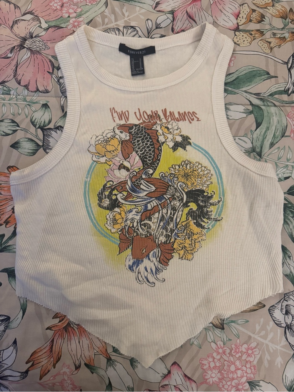 Forever 21 White Graphic Tank Top - Koi Fish Design